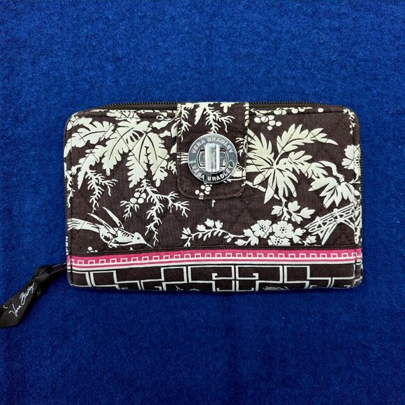 Vera Bradley Wallet Imperial Toile Brown Pink Floral Turnlock Zip Around Retired - Picture 9 of 10